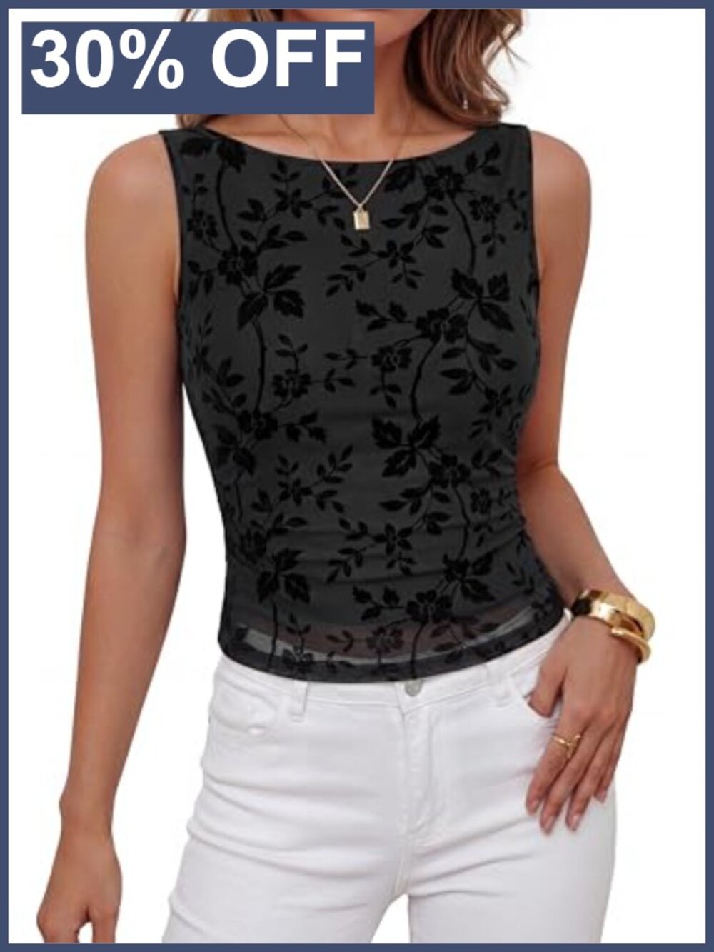 Womens Mesh Floral Tank Top Boat Neck Ruched Waist Sleeveless Blouse